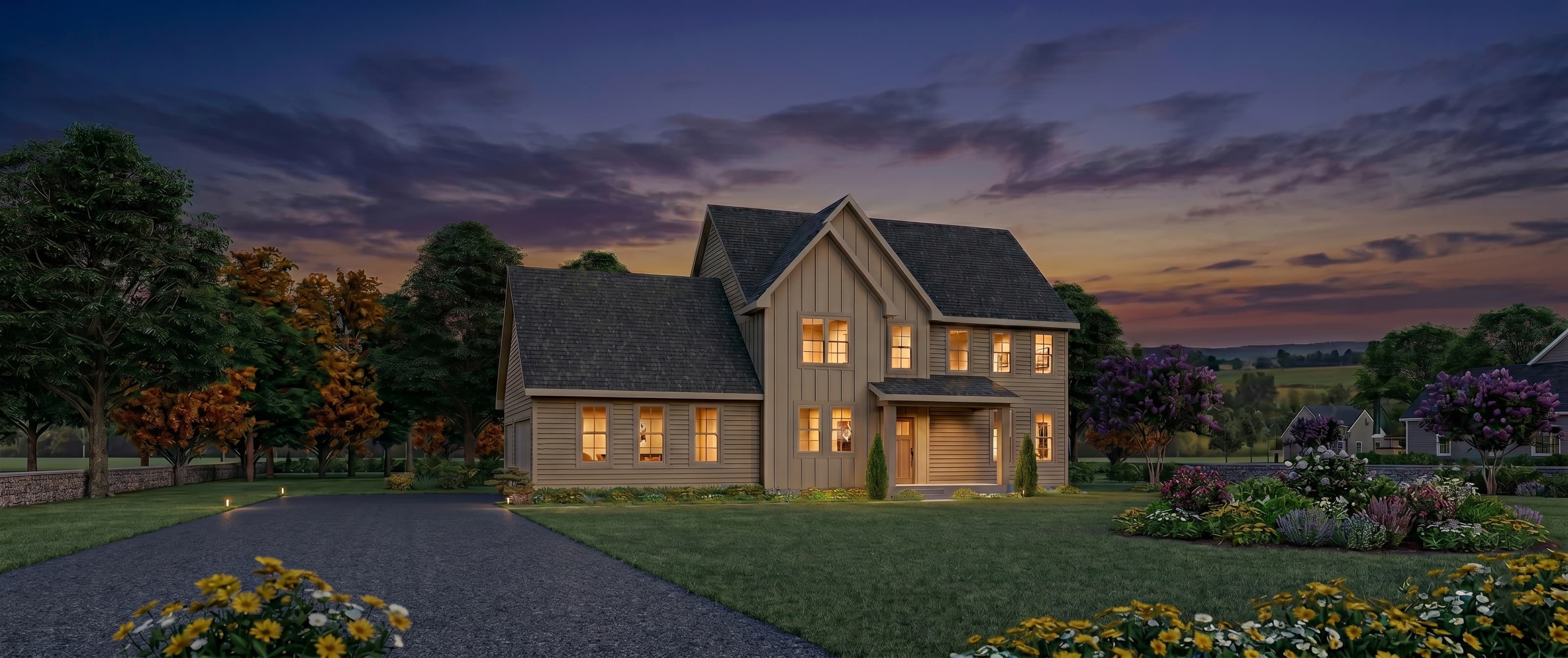 Victoria Farms model home rendering at dusk